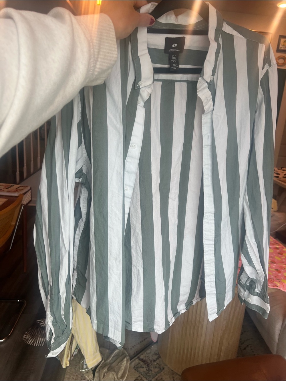 H&M Men's White and Sage Green Vertical Stripe Button-Down Shirt